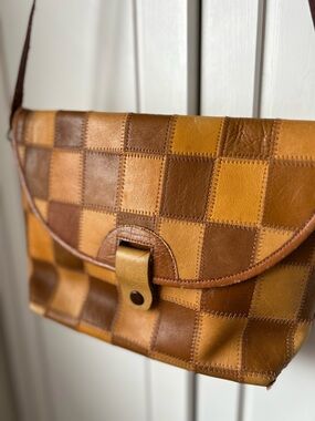 Hand Crafted Patchwork Leather Shoulder Bag in Brown and Tan